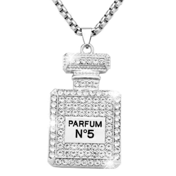 PERFUME BOTTLE SILVER TONE AND RHINESTONE PARFUM NO. 5 NECKLACE - Picture 2 of 6